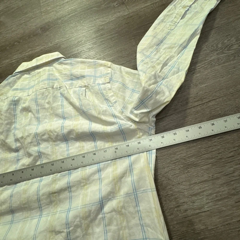 Banana Republic Shirt Mens M White Blue Yellow Cotton Slim Plaid Preppy Summer
